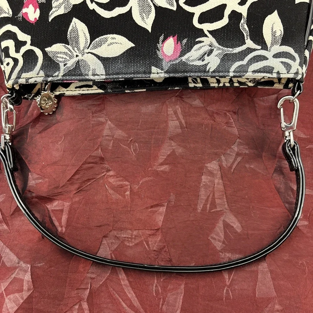 Vintage Lulu Guinness Black White Pink Rosebud Print Baguette Style Handbag  EUC